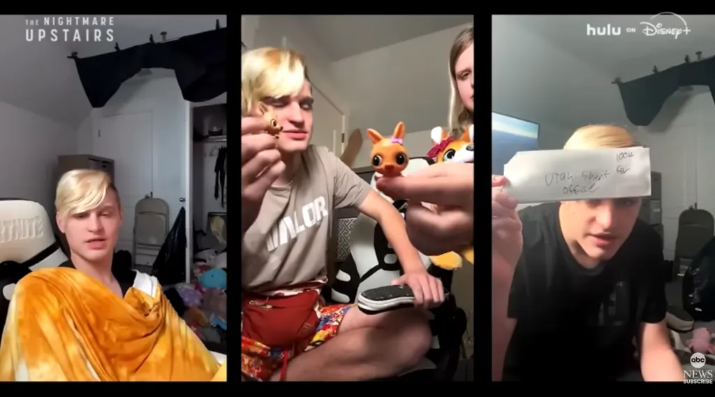 Collage of three vertical video frames showing a blonde young man, with a girl’s hands showing toys in the middle frame, and the young man holding a piece of paper with "Utah Sherif office" and "100k" written on it in the right frame.