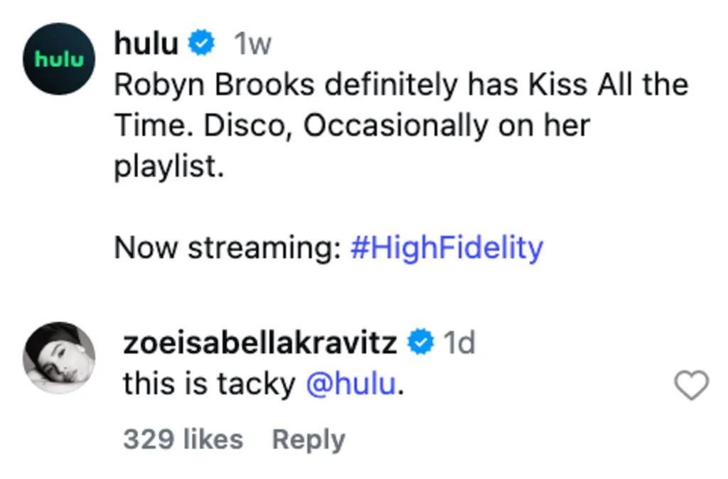 A screenshot of a Hulu post about "High Fidelity" and a reply from Zoe Isabella Kravitz calling it "tacky."