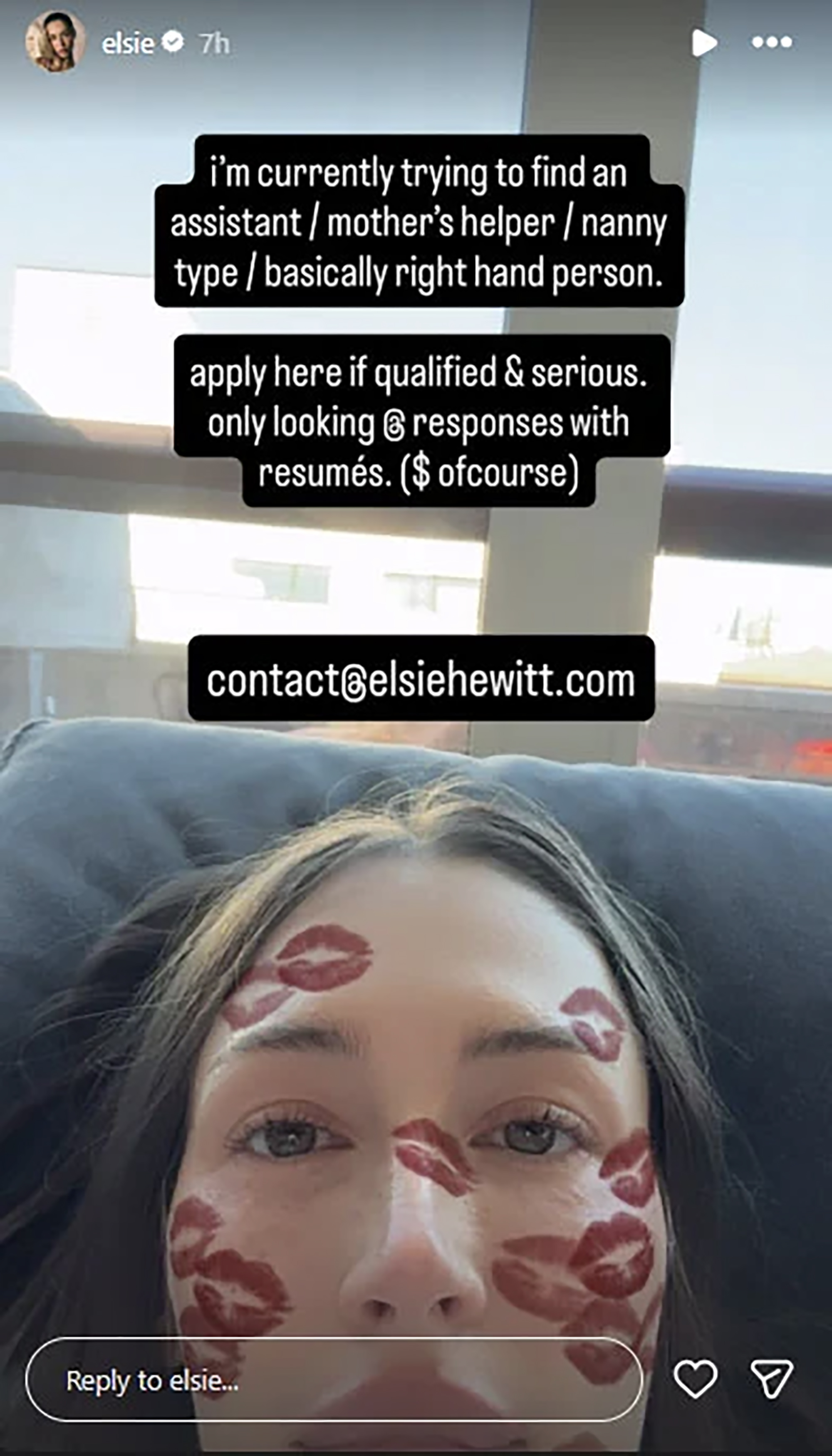 Elsie Hewitt's Instagram story requesting an assistant/mother's helper/nanny, with the contact email 