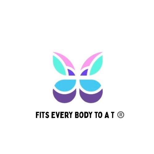 Illustration of the T Suit logo, featuring a butterfly in shades of pink, teal, light blue, and purple, with the text "FITS EVERY BODY TO A T®".