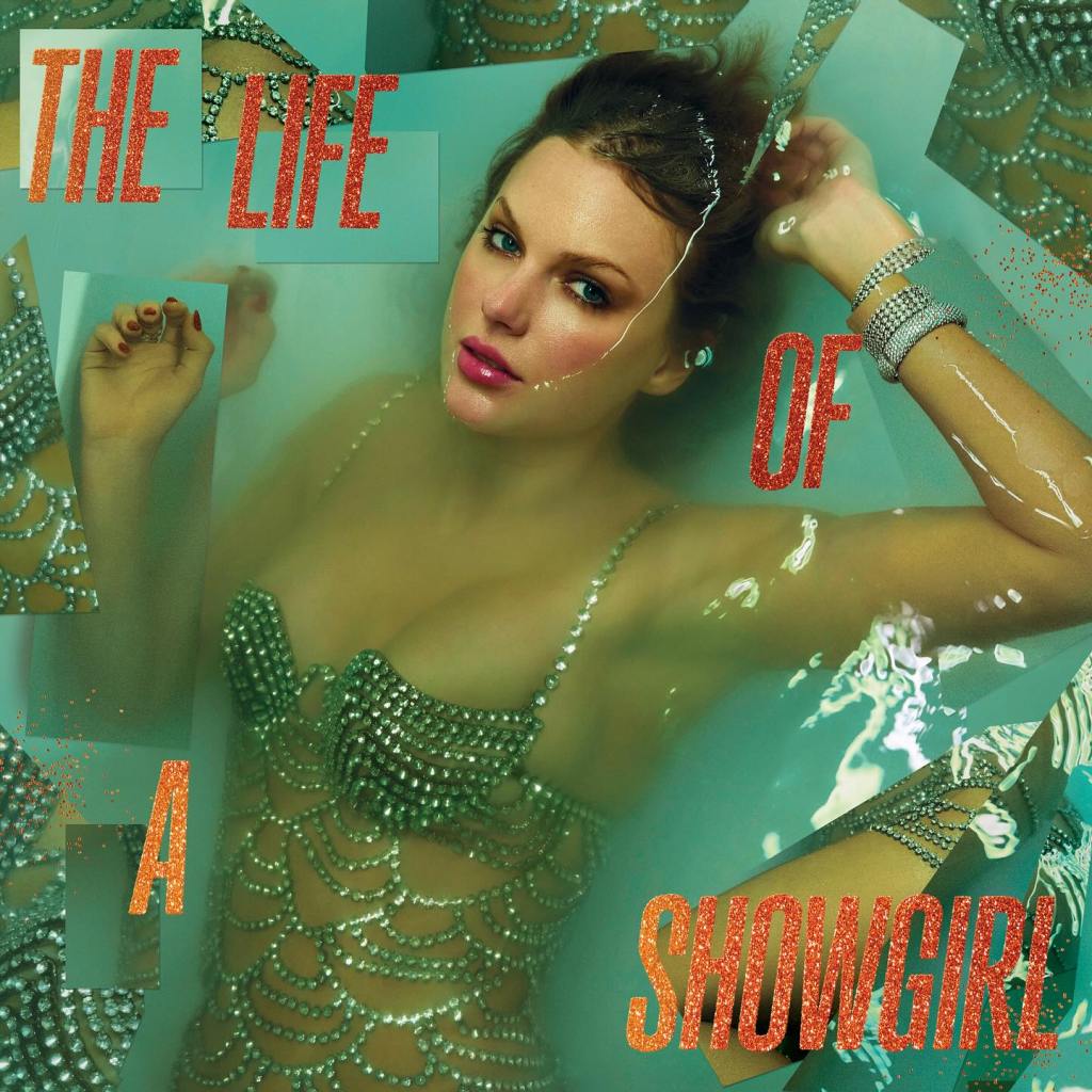 Album cover for "The Life of a Showgirl" featuring a woman in a sparkly outfit lying in water.