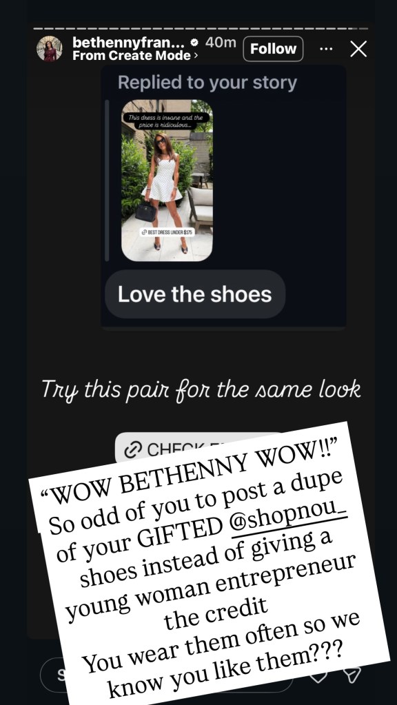 A screenshot of an Instagram story by Bethenny Frankel, with a reply featuring a photo of a woman in a white polka dot dress and a text overlay, and a partially visible comment about shoes below.