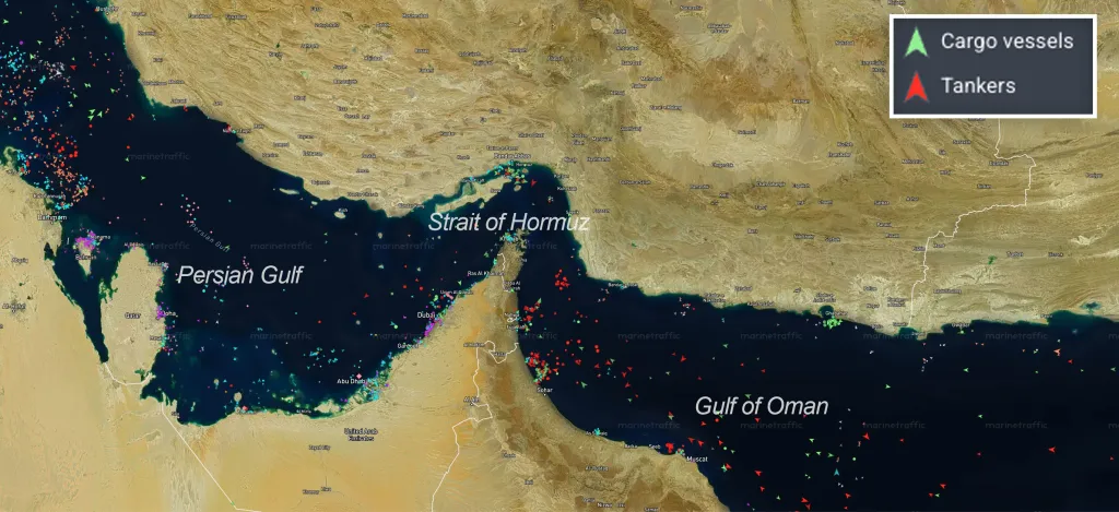 Map showing tanker and cargo vessel traffic in the Persian Gulf, Strait of Hormuz, and Gulf of Oman.