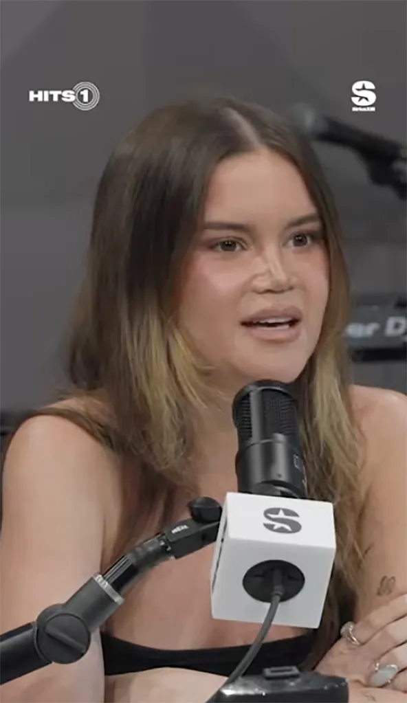 Maren Morris speaks into a microphone during an interview on SiriusXM's Hits 1.