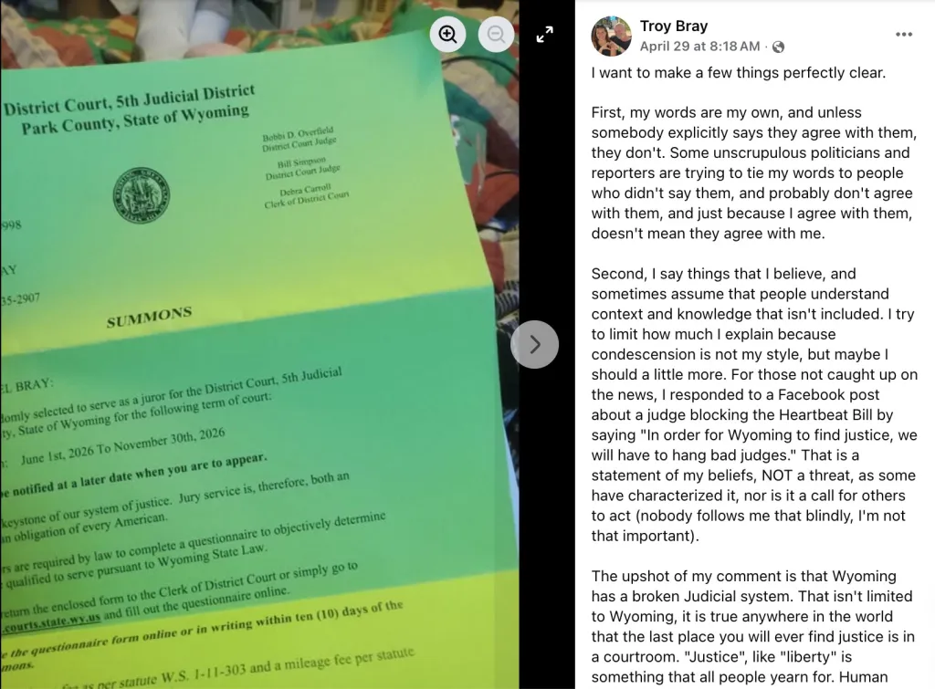 A green jury summons and a Facebook post by Troy Bray explaining his comment, "hang bad judges."