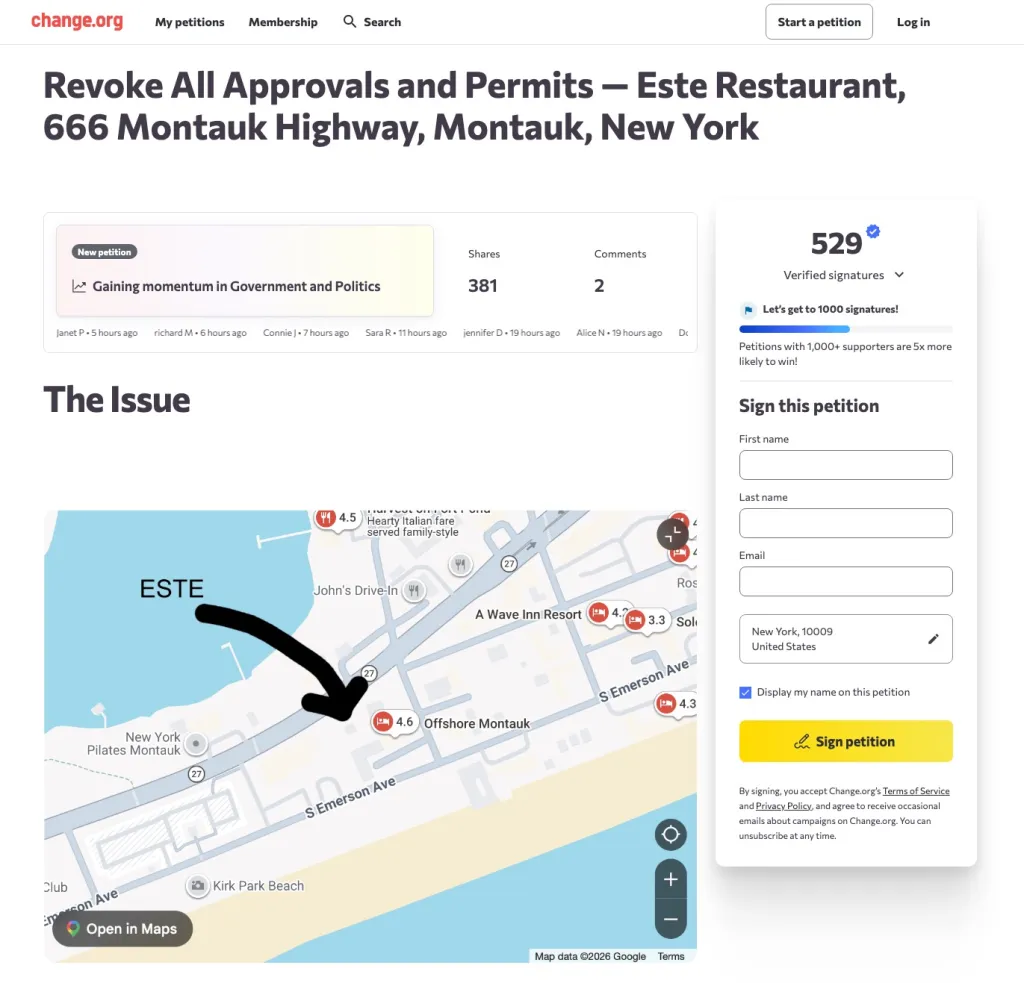 A Change.org petition to revoke permits for Este Restaurant, with 529 signatures and a map of the restaurant's location.