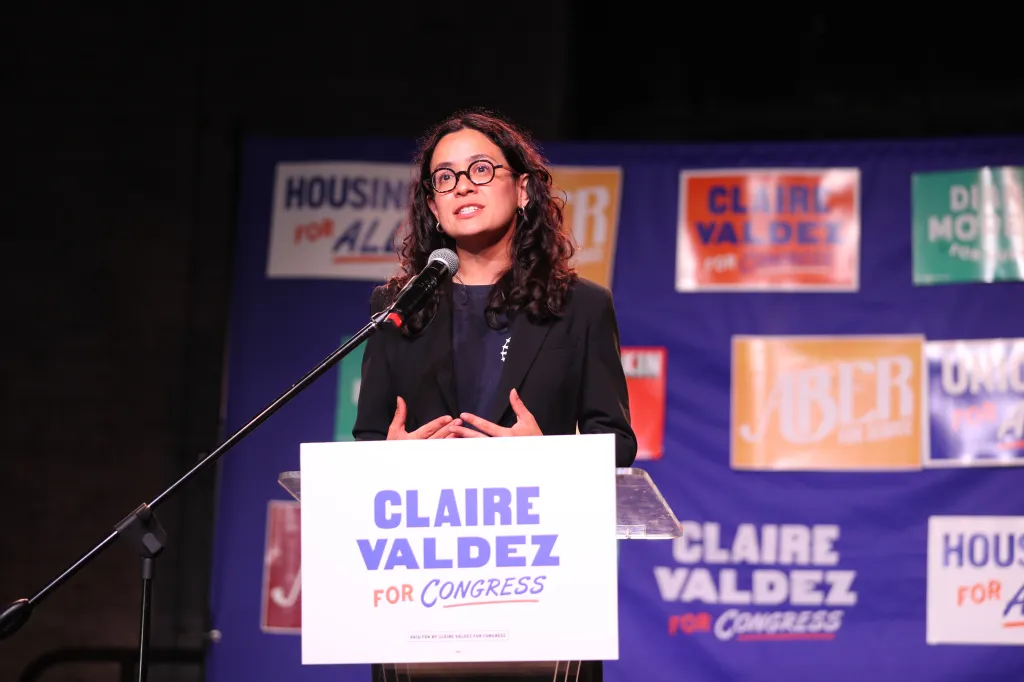Claire Valdez and Mayor Mamdani and others celebrate Valdezs win in the New York State primary win.