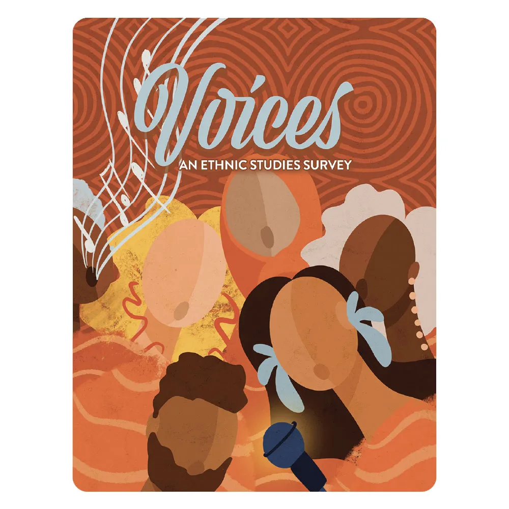 Illustration of diverse individuals and the text "Voices: An Ethnic Studies Survey."