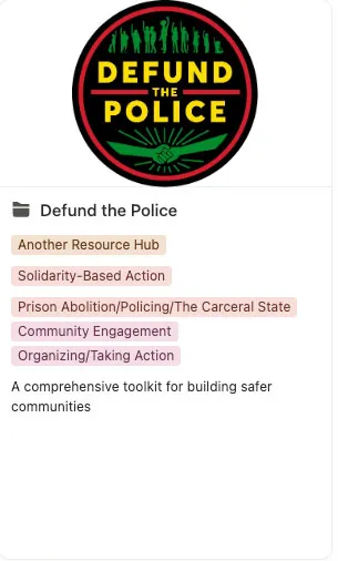 Illustration of the "Defund the Police" logo and related resource hub information.