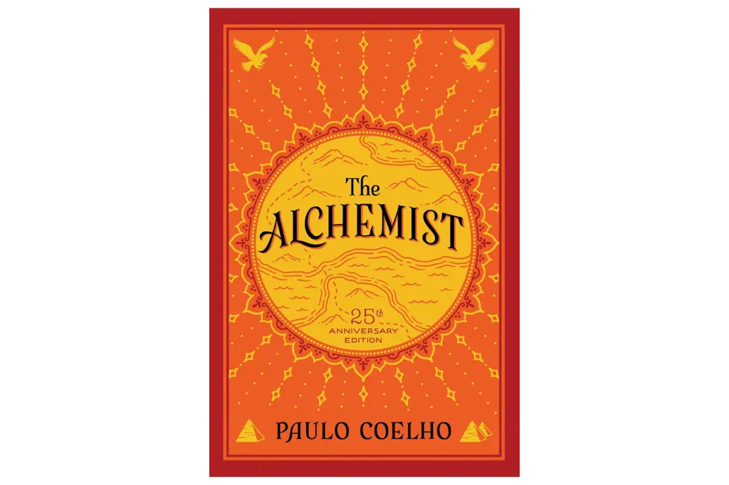 Illustration of the book cover for "The Alchemist" by Paulo Coelho, 25th Anniversary Edition, with two yellow birds and a map-like circular design on an orange background.