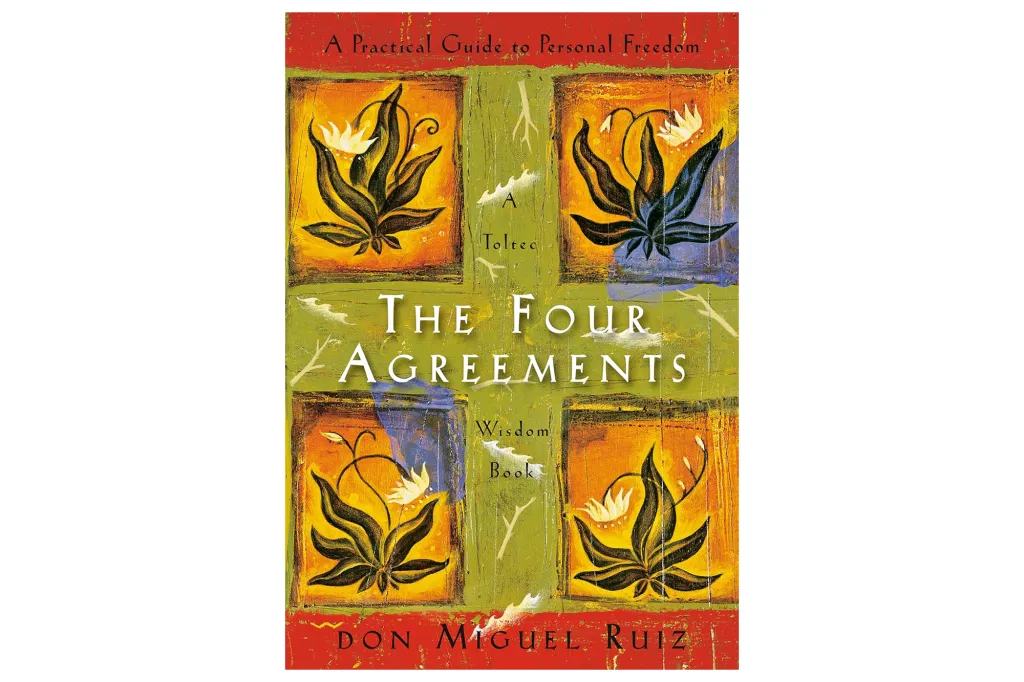 Book cover illustration for "The Four Agreements" by Don Miguel Ruiz, with abstract plant motifs.