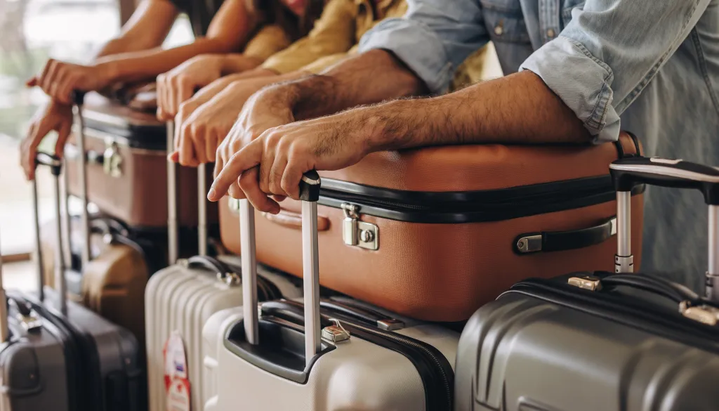 People in a queue with hands resting on their luggage handles.