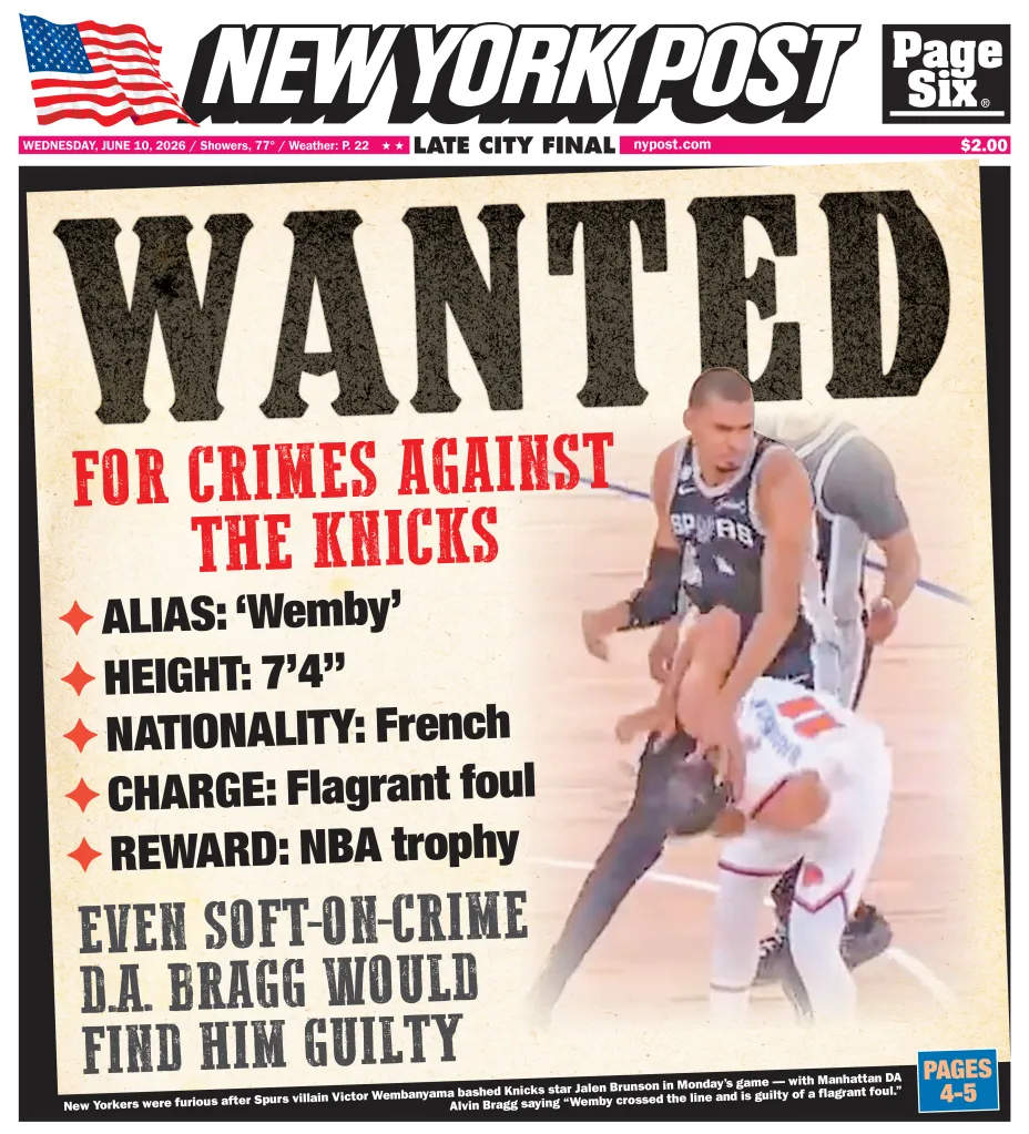 New York Post front page with "WANTED" headline and Victor Wembanyama of the San Antonio Spurs fouling Jalen Brunson of the New York Knicks.
