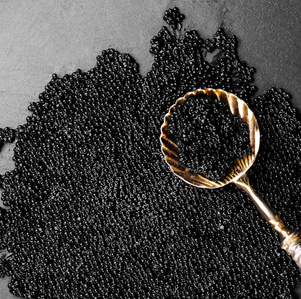 Black caviar in a golden spoon on a black background.