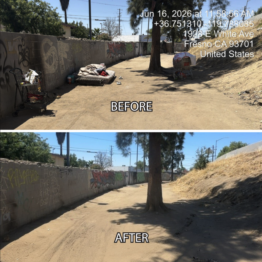 Collage of a dirt path before and after an encampment removal, showing debris and belongings cleared.