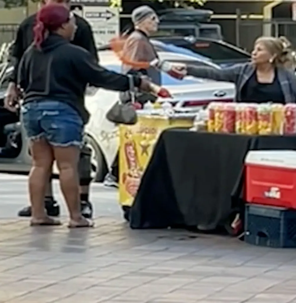 Two women in a physical altercation near a street vending cart.