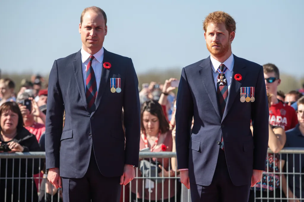 Prince William and Prince Harry standing at the Canadian National Vimy Memorial.