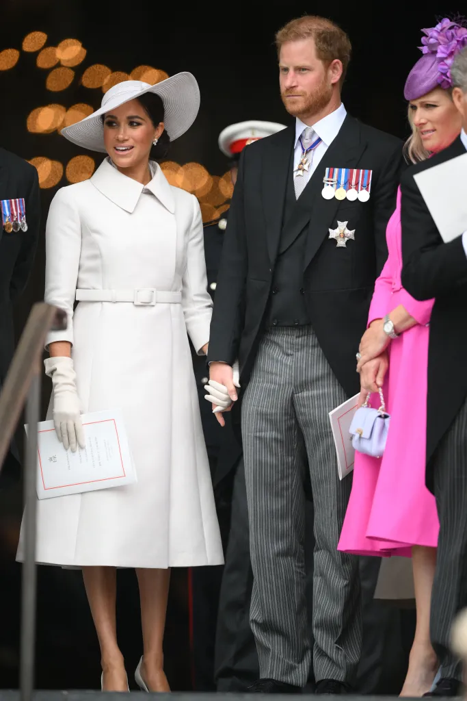 Meghan, Duchess of Sussex, Prince Harry, Duke of Sussex, and Zara Phillips leaving Saint Paul's Cathedral during Queen Elizabeth II's Platinum Jubilee.