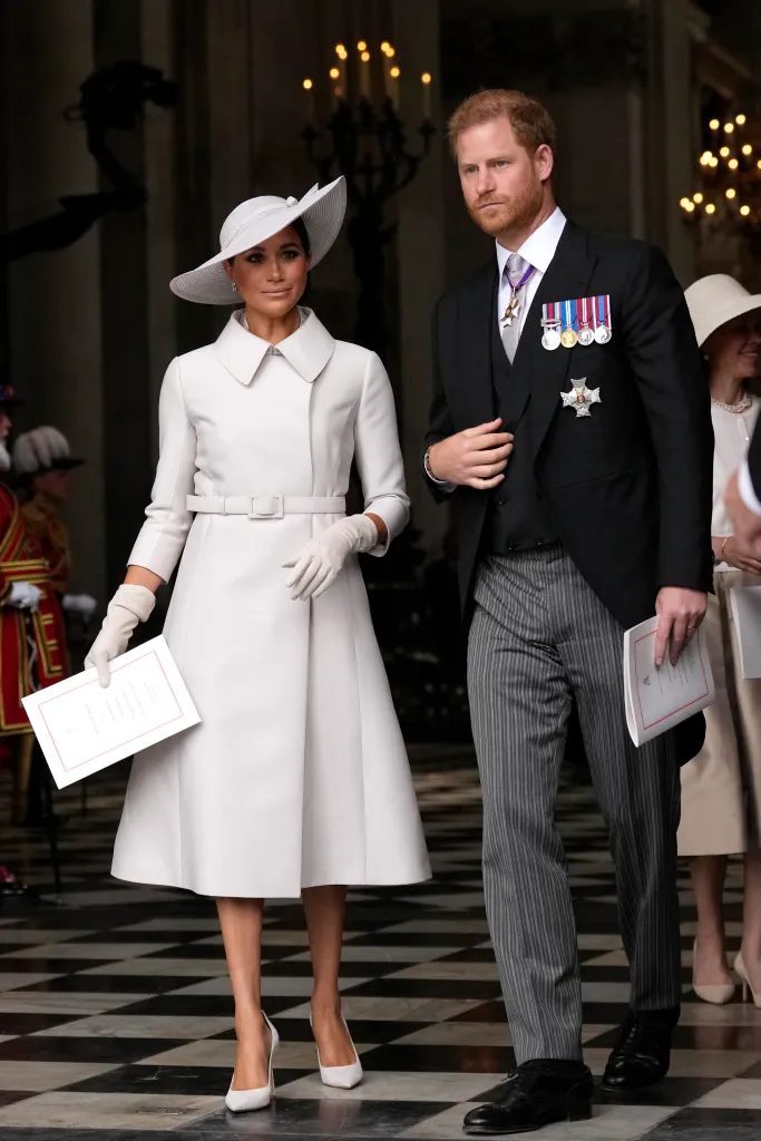 Meghan Markle and Prince Harry leaving a service of thanksgiving for Queen Elizabeth II's Platinum Jubilee.