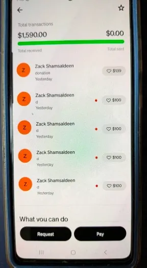 A mobile phone screen displays a cryptocurrency transaction history with "Zack Shamsaldeen" listed as the sender of multiple donations.