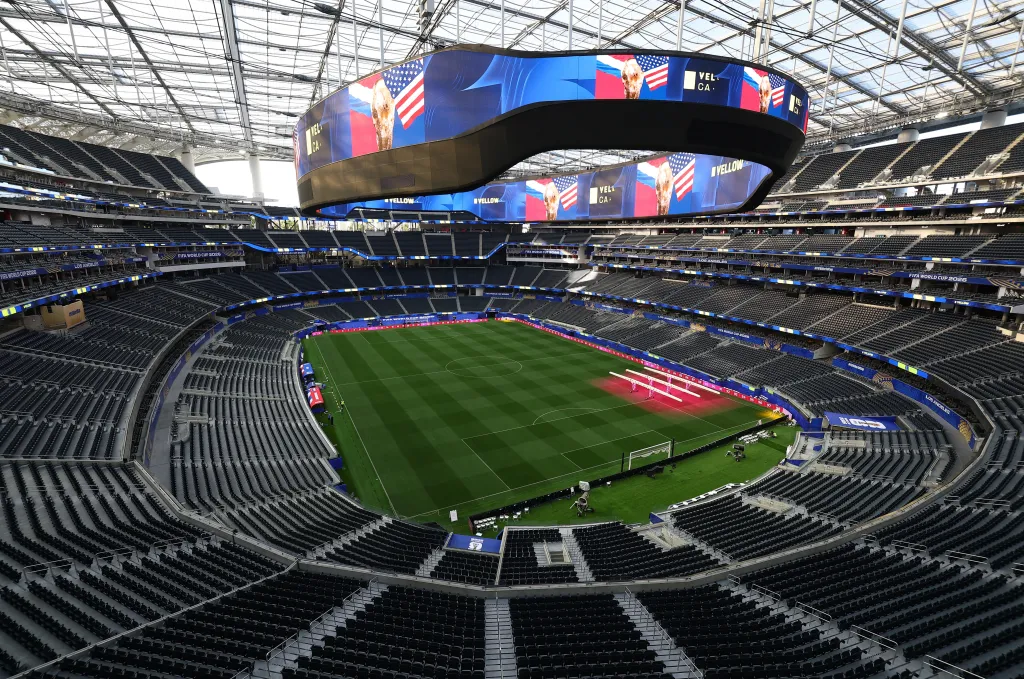 General view of Los Angeles Stadium with a large video screen displaying the FIFA World Cup 2026 logo.