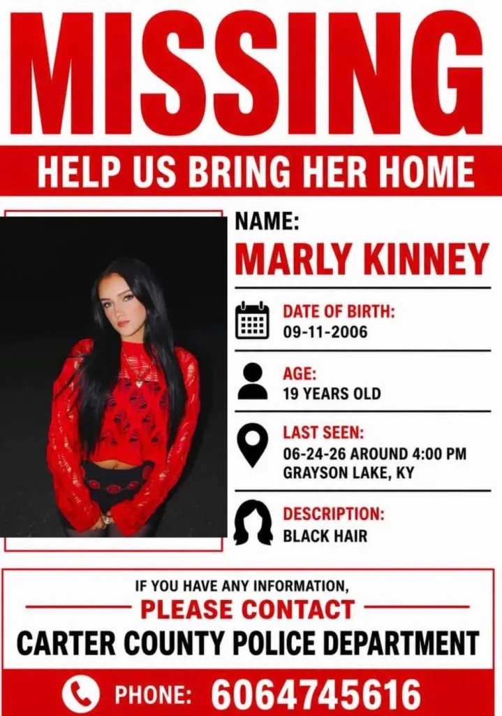 Missing person poster for Marly Kinney, 19, last seen at Grayson Lake, KY, with contact information for the Carter County Police Department.