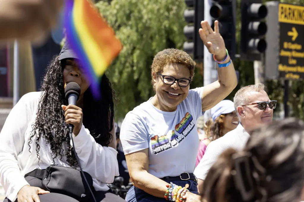 Los Angeles Mayor Karen Bass waves to the crowd during the annual LA Pride Parade.