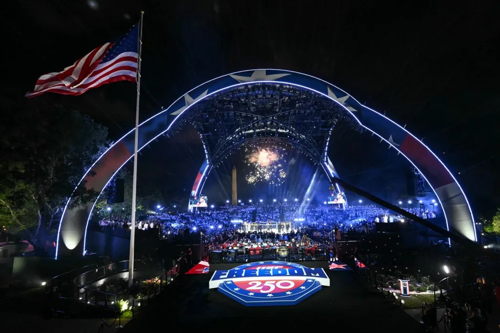 The "UFC Freedom 250" mixed martial arts event on the South Lawn of the White House, with fireworks and the Washington Monument in the background.