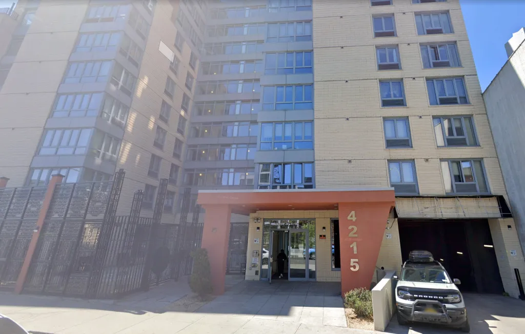 The entrance and lower floors of 4215 Park Avenue, a newly constructed building in East Tremont, Bronx.