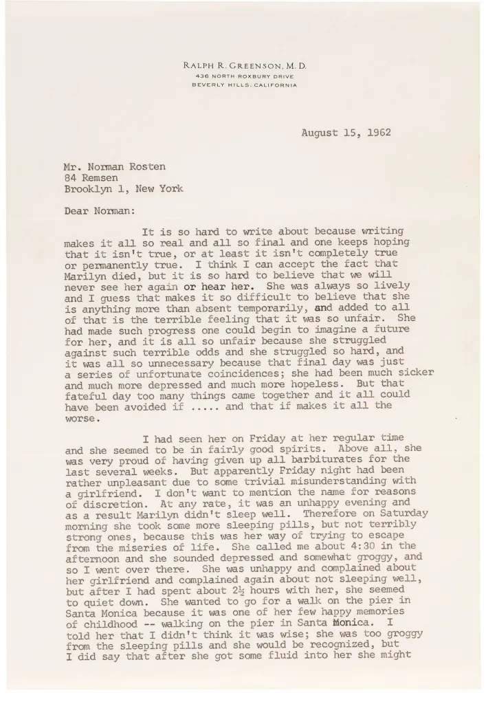 A typed letter from Dr. Ralph Greenson to Mr. Norman Rosten, dated August 15, 1962, discussing the death of Marilyn Monroe.