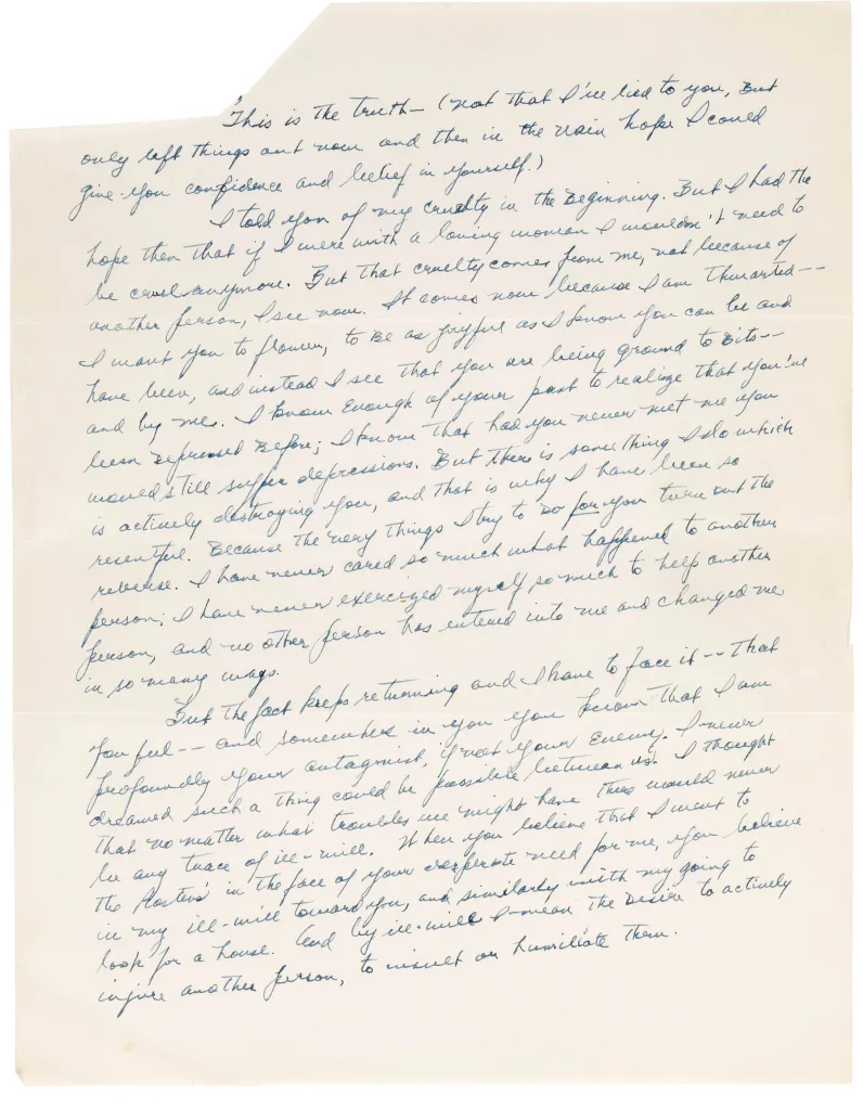 A handwritten letter from Arthur Miller to Marilyn Monroe with blue ink on yellowed paper.