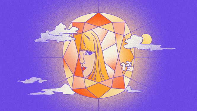 An illustration of a diamond with Taylor Swift in the middle and clouds all around