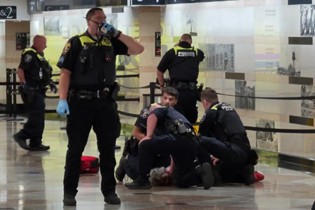 Police officers detaining a person on the ground.