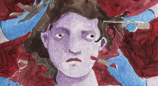 Illustration of a frowning woman surrounded by multiple hands applying makeup and styling her hair.