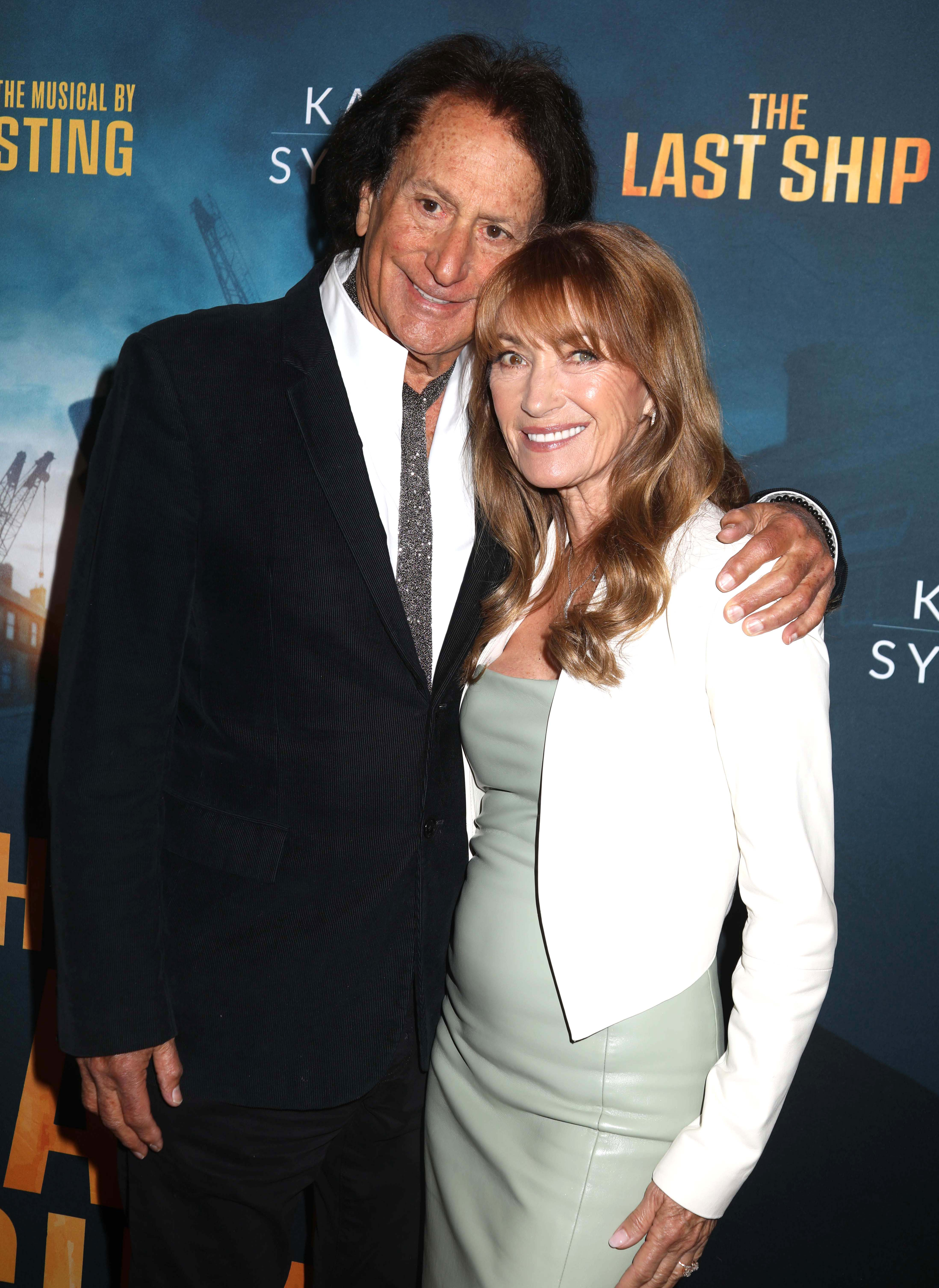 Jane Seymour and John Zambetti smiling with arms around each other at the opening night of the musical "The Last Ship".