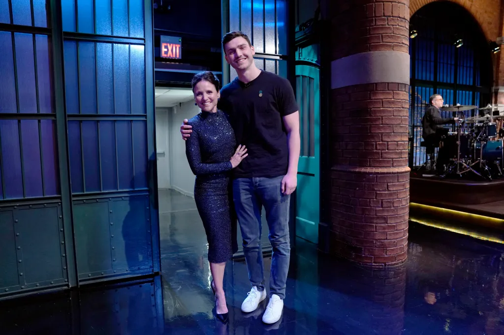 Julia Louis-Dreyfus and son Charlie Hall on the set of Late Night with Seth Meyers.
