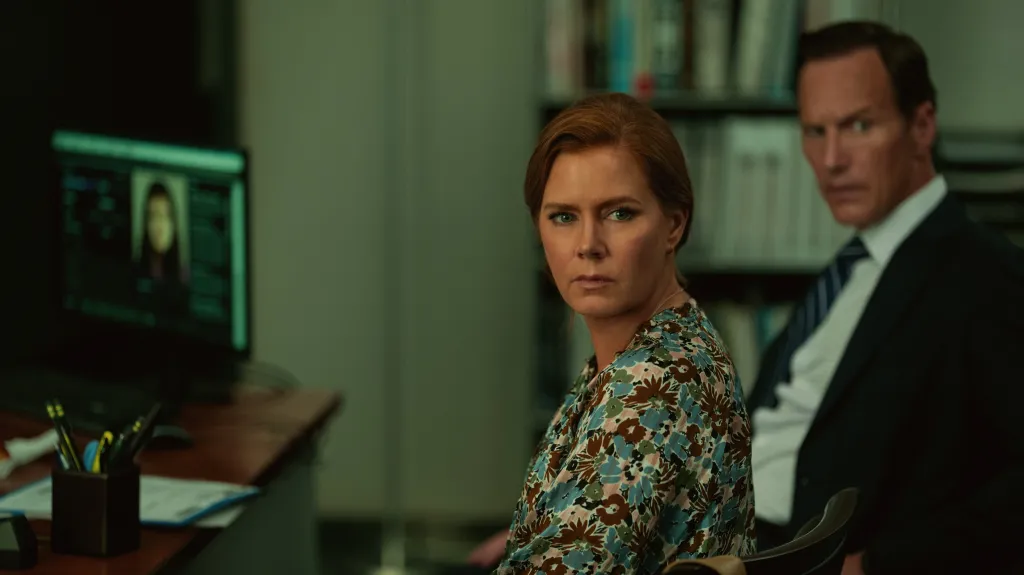 Amy Adams and Patrick Wilson looking at the camera in a scene from "Cape Fear."