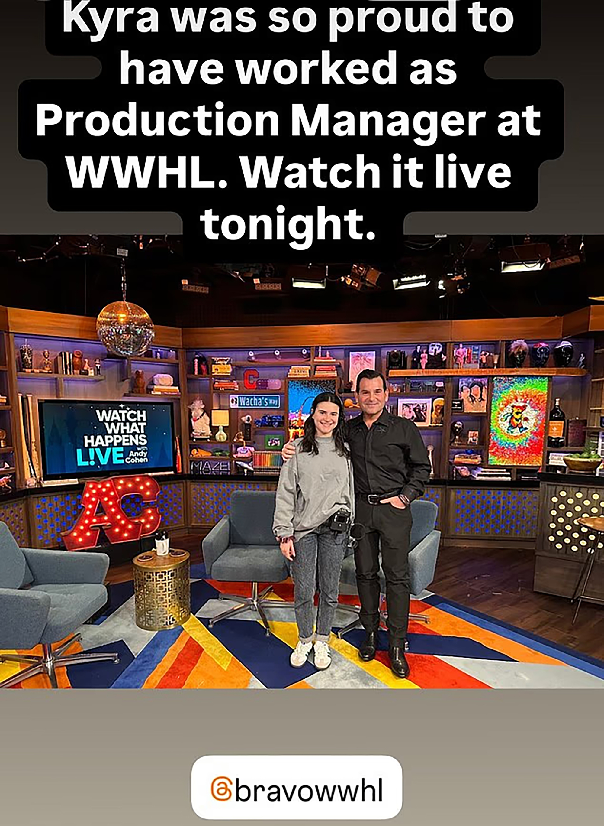 Andy Cohen stands with Kyra, a production manager at WWHL, on the set of the show.
