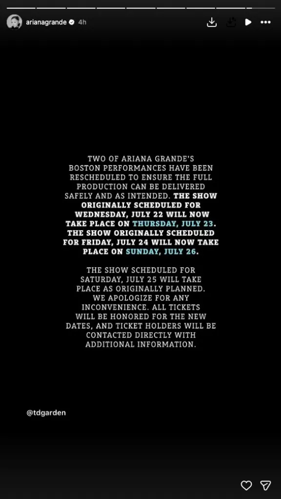 Ariana Grande's announcement of rescheduled Boston tour dates on a black background.