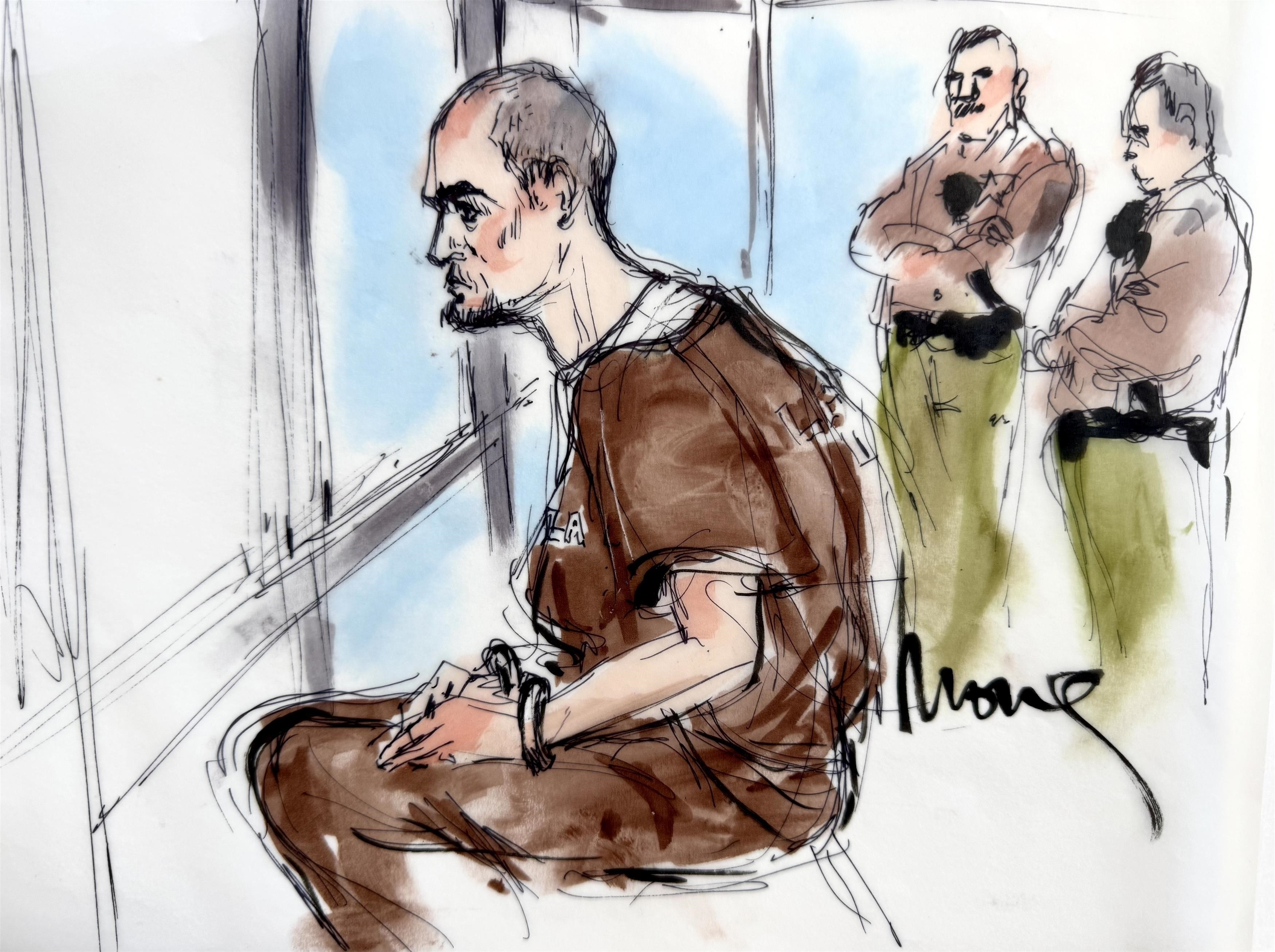 Illustration of Nick Reiner in an LA courtroom, wearing an orange jumpsuit and handcuffs, with two security guards behind him.