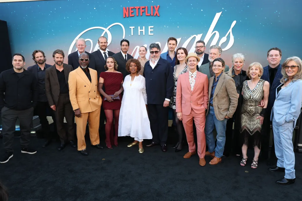A group photo of Ben Taylor, Matt Duffer, Ross Duffer, Nne Ebong, Clarke Peters, Ed Begley Jr., Jinny Howe, Eric Edelstein, Alice Kremelberg, Carlos Miranda, Alfre Woodard, Jena Malone, Alfred Molina, Seth Numrich, Geena Davis, Denis O'Hare, Carolina García, Bill Pullman, Hilary Leavitt, Jane Kaczmarek, Jeffrey Addiss, Nancy Daly, Will Matthews and Mary McDonnell at the Netflix's