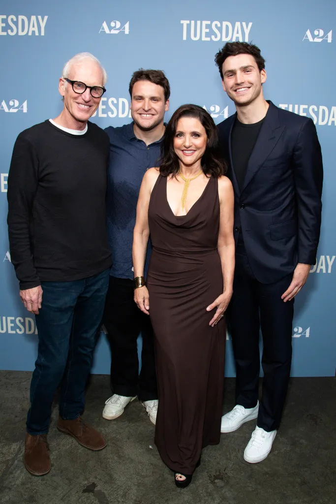 Brad Hall, Henry Hall, Julia Louis-Dreyfus, and Charlie Hall pose for a photo at the "Tuesday" New York Special Screening.