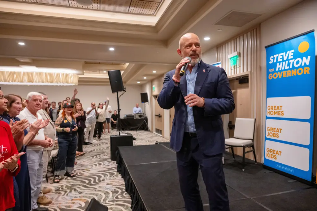 Hilton speaks during a campaign event on Sunday, May 31, 2026, in Santa Monica, Calif.