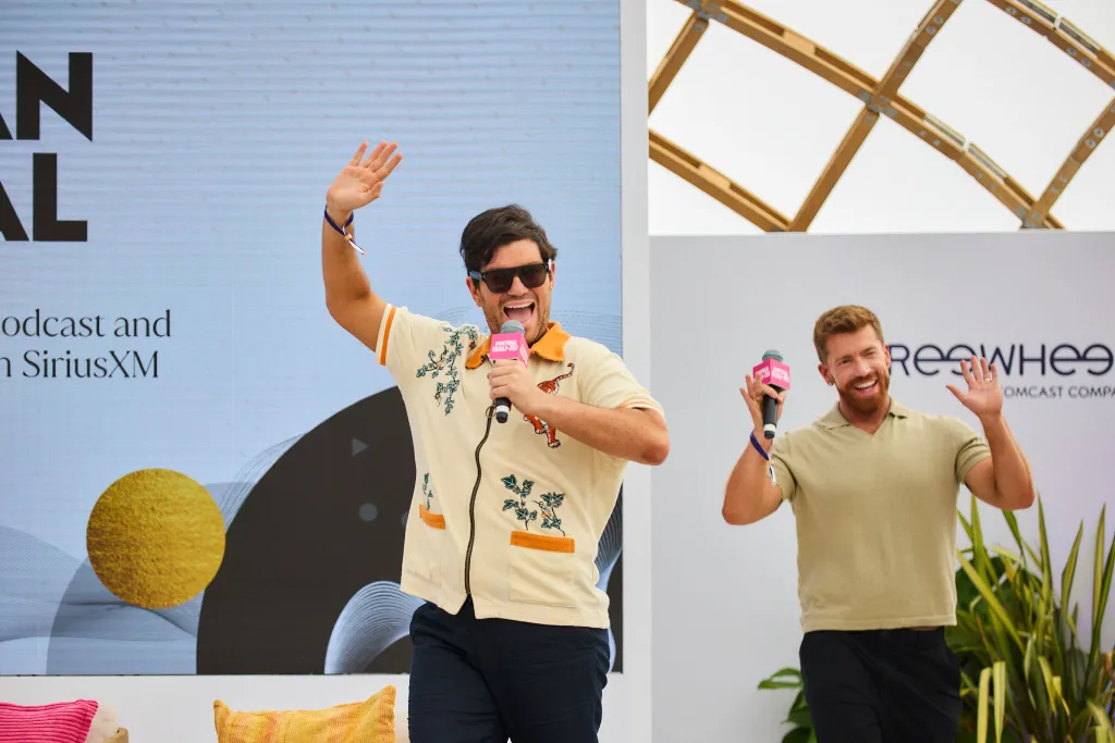 Collage of two men speaking into microphones and waving on stage at Cannes Lions.