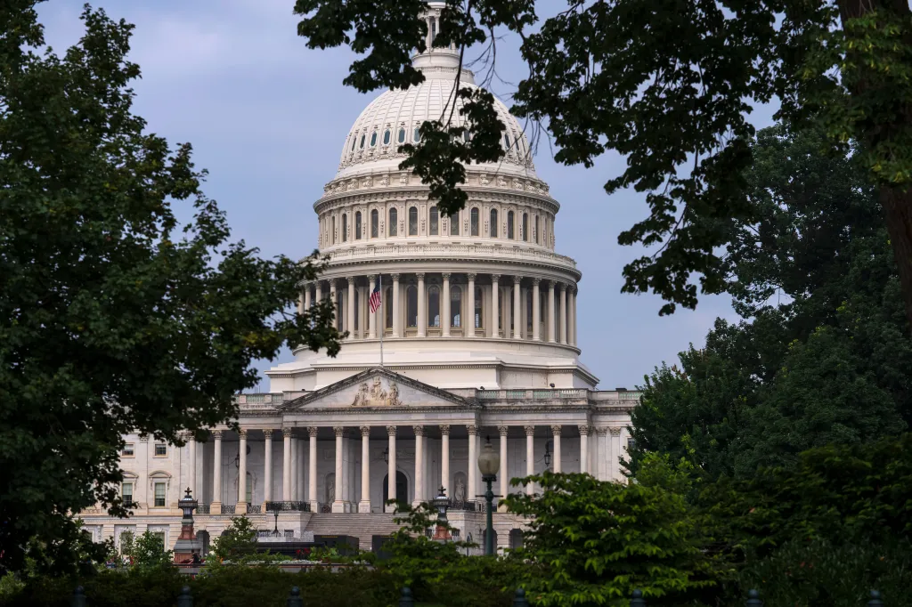 The US Capitol Building with an American flag flying, framed by dark green trees.