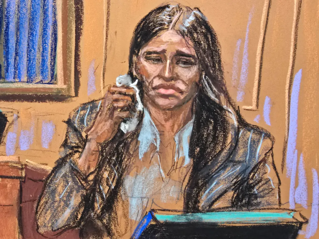 Illustration of Casandra "Cassie" Ventura crying on the stand during the Sean "Diddy" Combs sex trafficking trial.