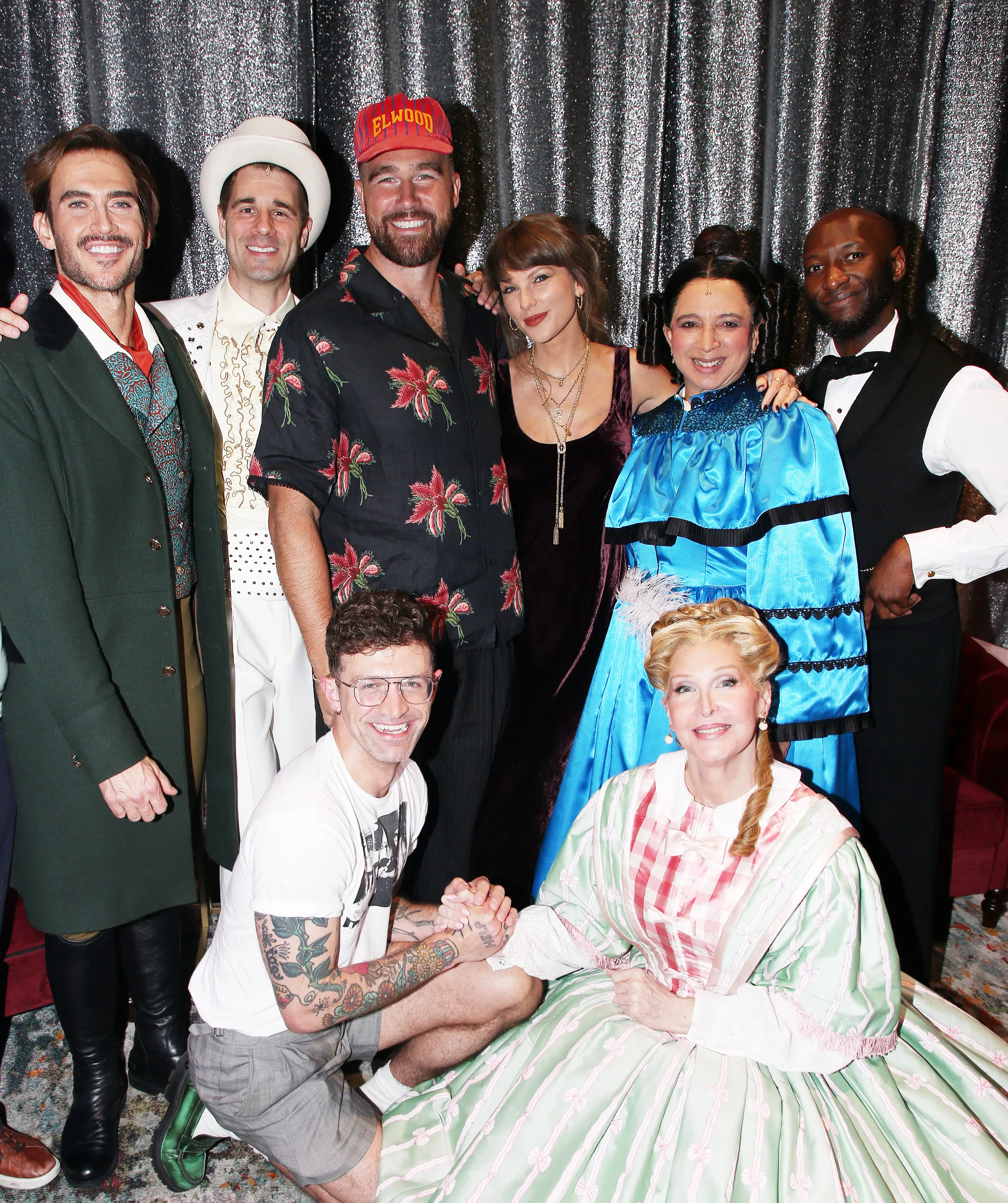 Taylor Swift and Travis Kelce pose backstage with the cast of "Oh, Mary!" on Broadway.