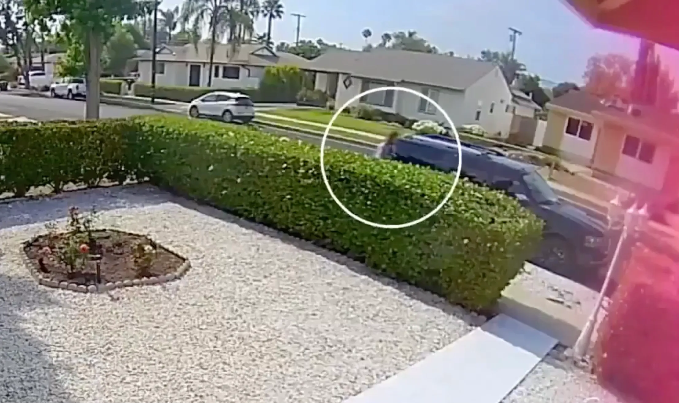 Surveillance footage showing the James Handy murder suspect getting into a blue SUV.