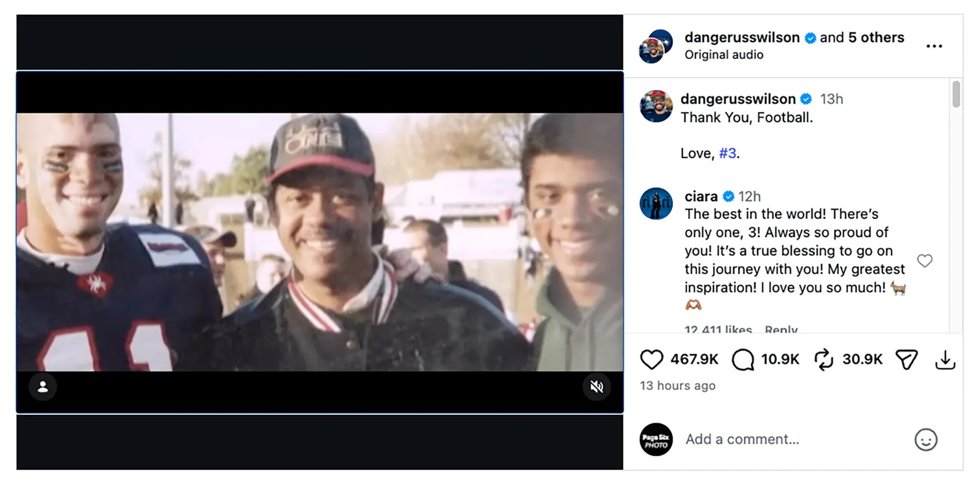 Screenshot of an Instagram post by @dangerusswilson, featuring an old photo of Russell Wilson with two others, alongside a text thanking football and a supportive comment from @ciara.