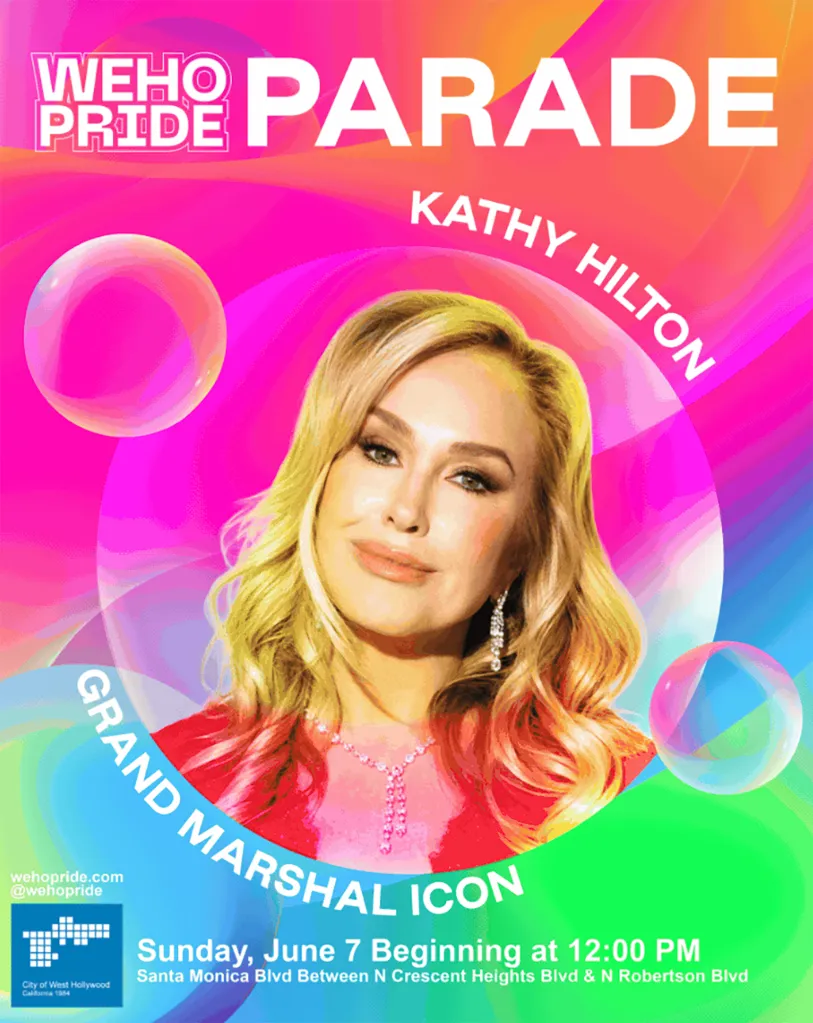 Illustration of Kathy Hilton as the Grand Marshal Icon for the WeHo Pride Parade on June 7.